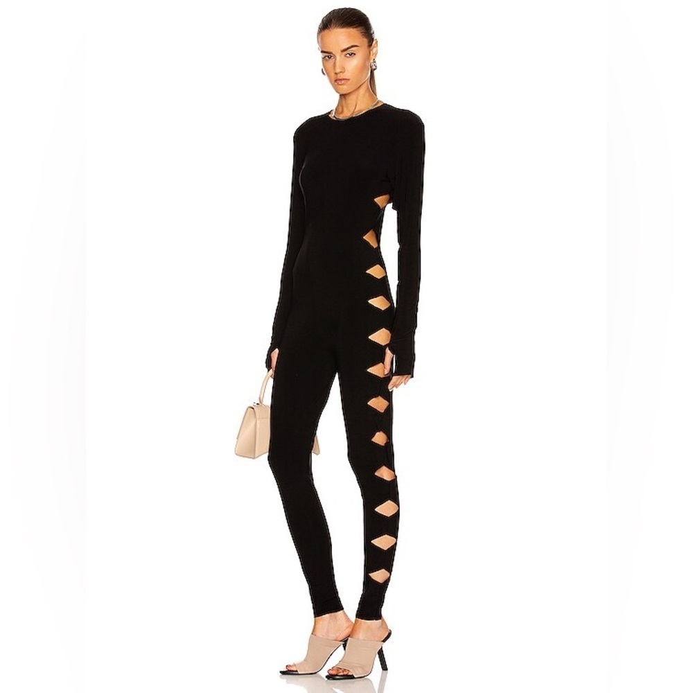 NORMA KAMALI Long Sleeve Crew Neck Alligator Jumpsuit Catsuit Black Medium / 38